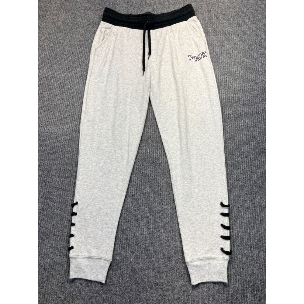 Victorias Secret PINK Gray Joggers Black Lace Up Ankle Grommet Sweatpants Small